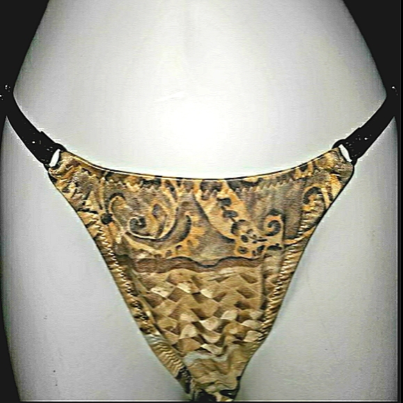 Bohemian print beige & brown bikini w/ leather str